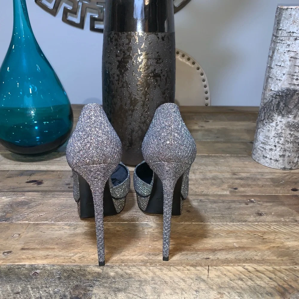 Saint Laurent Silver Glitter Platform Pumps